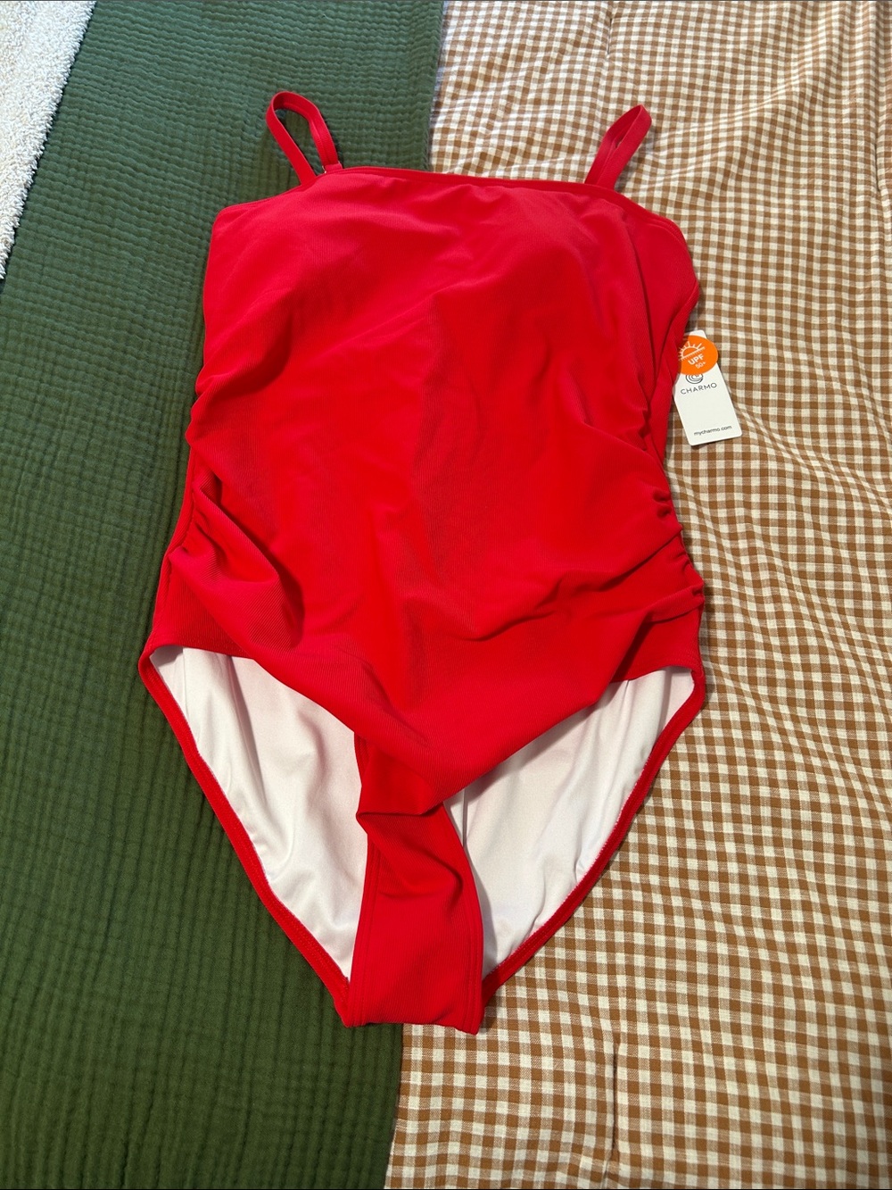 Amazon Women’s Ribbed Solid Red One-Piece Swimsuit with detachable mesh skirt